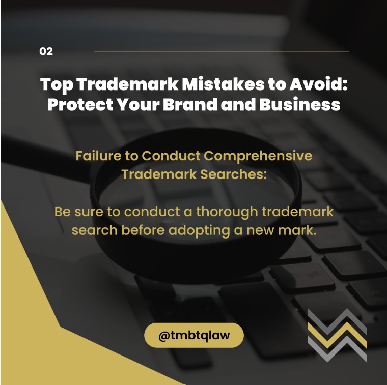 Illustration for Top Trademark Mistakes to Avoid article, featuring TMBTQ Law, highlighting their website services.